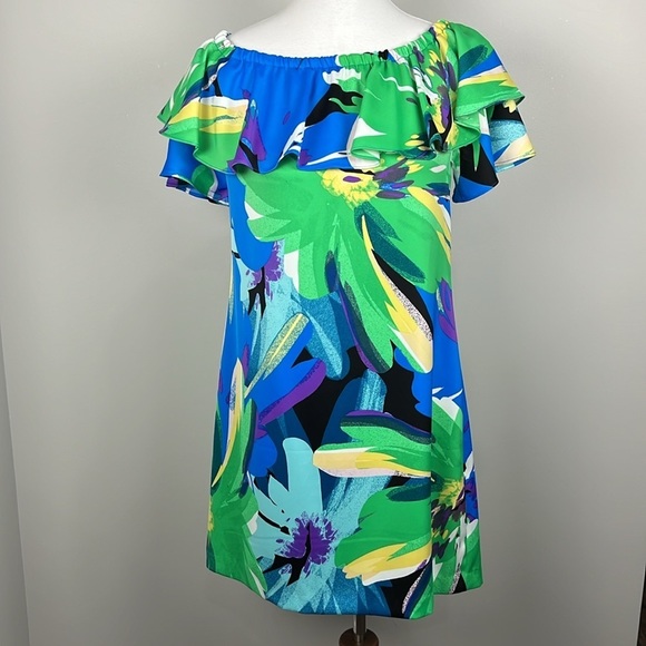 London Times On Off Shoulder Ruffle Multi Floral Tropical Mini Dress Sz 6 Resort - Picture 2 of 15